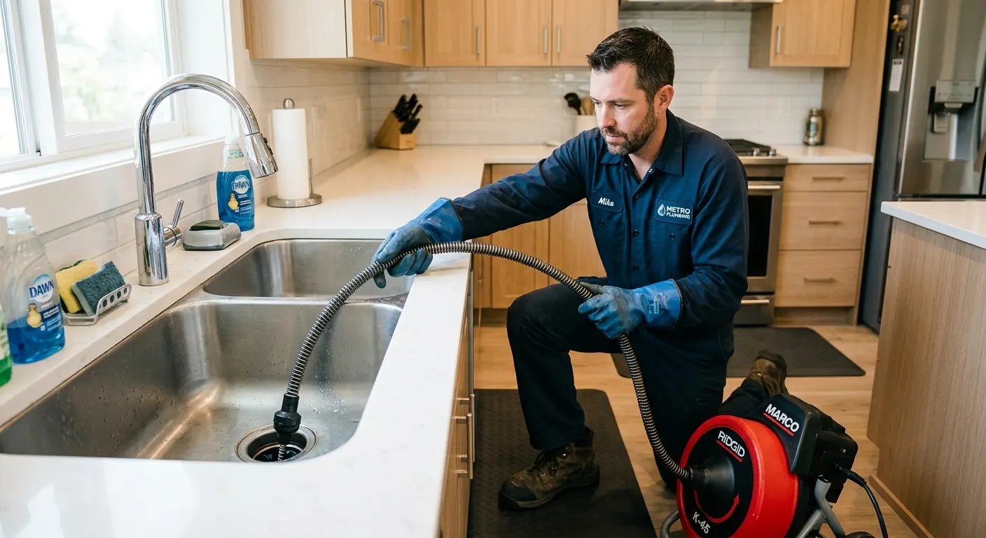 Drain cleaning technician using a motorized snake on a kitchen sink in Douglas