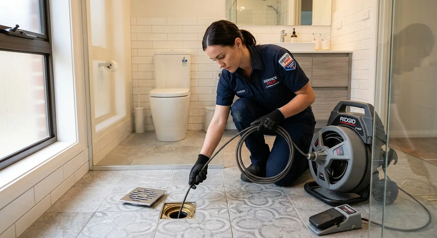 Technician clearing a bathroom floor drain for Hydro Jetting in Douglas